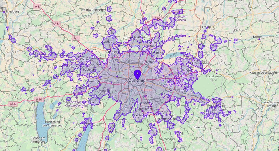 City travel-time isochrone catchments