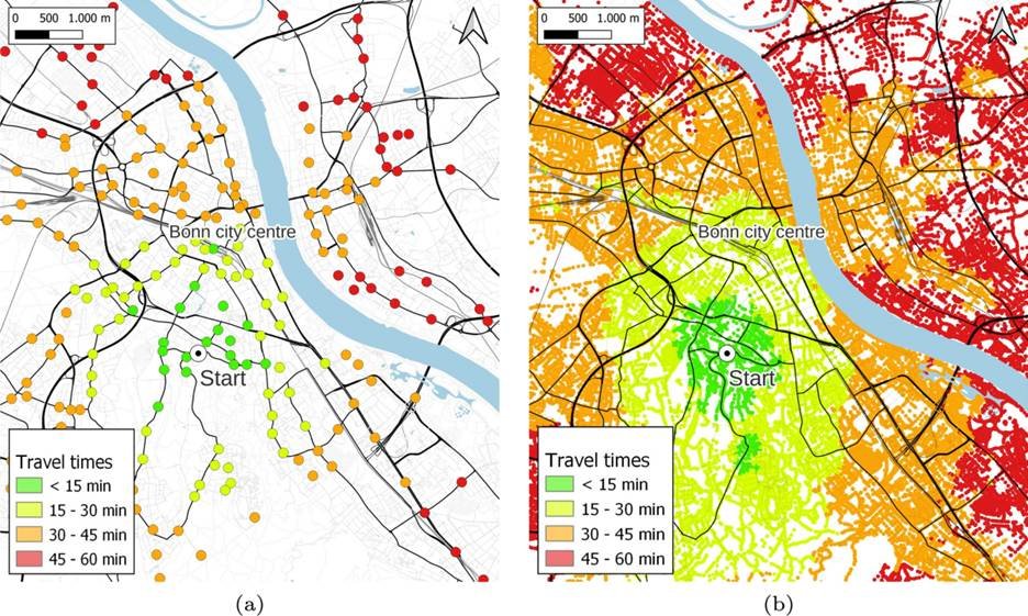 public transport accessibility map GIS travel time transfers - GTFS network analysis isochrone - multimodal journey time map